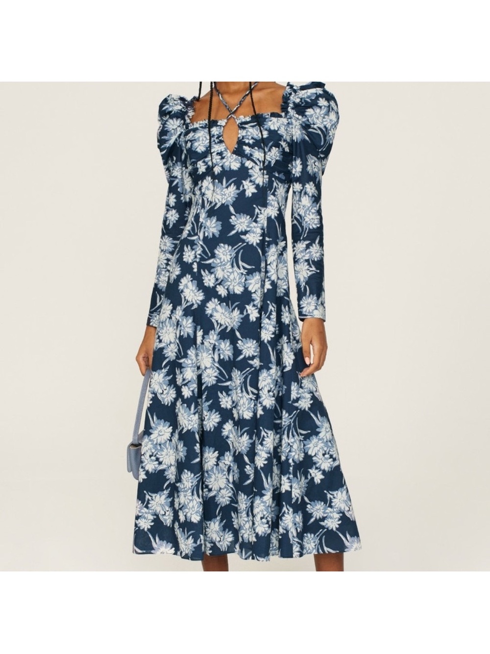 Polo Ralph Lauren Bloom Gathered Midi Dress Blue White Floral - NO TAGS ~ Large